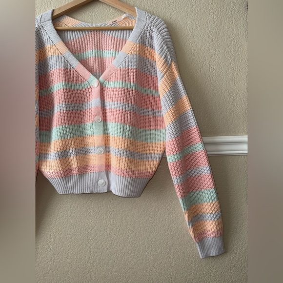 Cotton Blend Striped Colorful Chunky Knit Cardigan Sweater Button Front Large - Picture 10 of 15